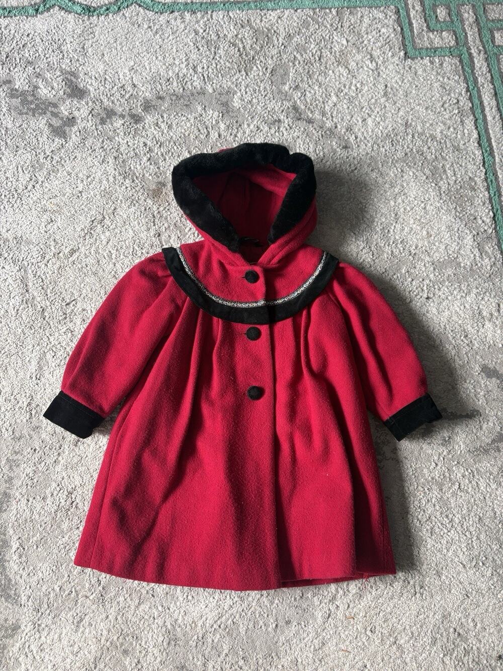 Y2K Braetan Kids Red Girl's Wool Coat Navy Velvet Trim Lined Size 3
